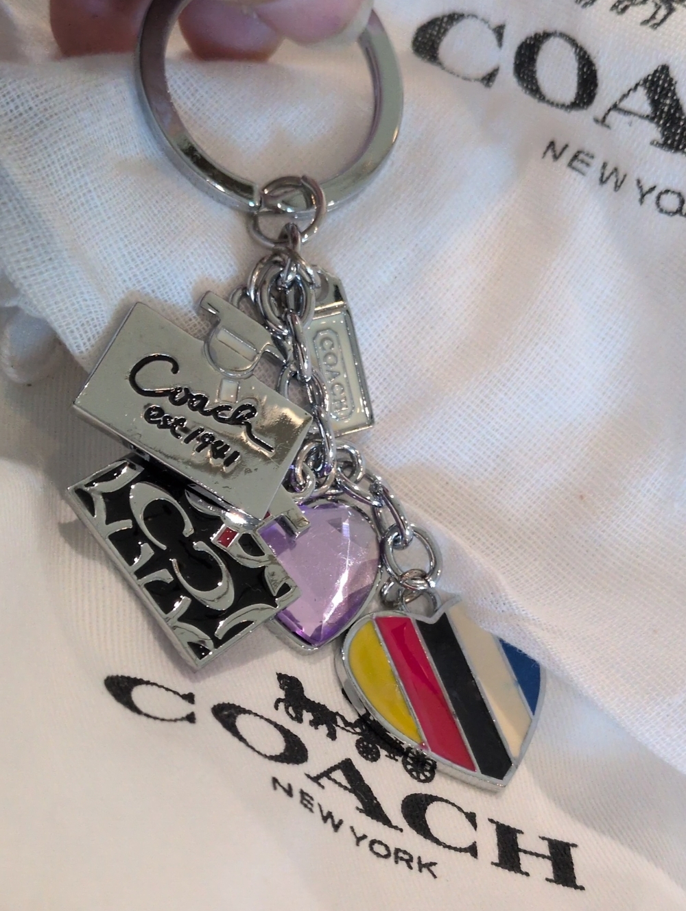 Coach Silver Multi-Charm Heart & Logo Keychain with Colorful Enamel Heart